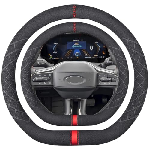 Suede D Shape Steering Wheel Cover,Compatible with Ford Edge Escape Fusion Explorer Focus Flat Bottom Suede Leather Sport Non-Slip Wheel Interior Accessories 15 inch for Man and Women - color: Fit Ford D Shape Suede Red Mark in Black, size: 15 inch
