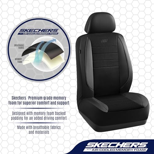 Skechers Air-Cooled Memory Foam Seat Covers,Mesh Thick Car Seat Covers,Piping Leather Car Seat Cover,Airbag Compatible,Automotive Comfort for Most Cars, Vans, Trucks, SUV(Black, Full Set)