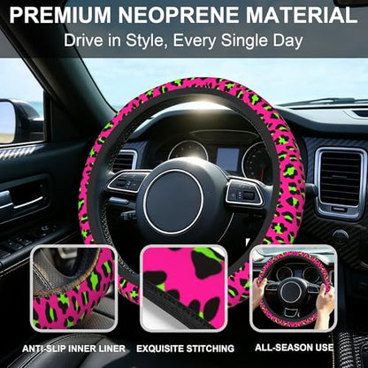 Pink Leopard Steering Wheel Cover,Pink Cheetah Leopard Universal 15" Elastic Car Steering Wheel Cover with 2 PCS Car Coasters,Anti-Slip Breathable Accessories for Auto,SUVs,Truck - color: Pink Leopard
