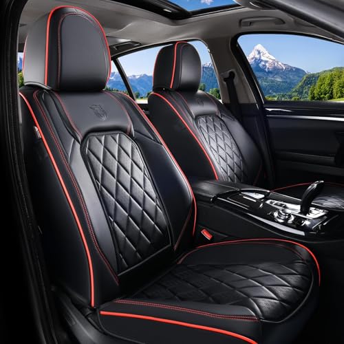 Coverado Car Seat Covers Full Set, Luxury Faux Leather Waterproof Seat Covers, Black Car Seat Covers, Universal Car Seat Protector Leather Car Seat Cushion, Carseat Cover Fit Most Cars, Black&Red - color: A-Black&Red, size: Full Set