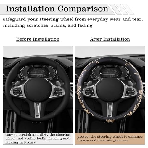 Car Leather Steering Wheel Cover - Panapi Material, Universal 14.5-15 Inch Leather Anti-Slip Breathable Auto Steering Wheel Covers for Men Women (Embroidery-Beige) - color: Embroidery-Beige