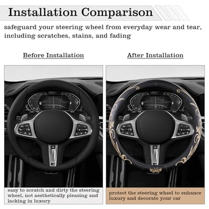 Car Leather Steering Wheel Cover - Panapi Material, Universal 14.5-15 Inch Leather Anti-Slip Breathable Auto Steering Wheel Covers for Men Women (Embroidery-Beige) - color: Embroidery-Beige