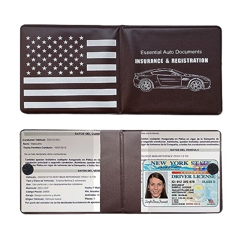 Ziciner Car Registration Insurance Holder, 2Pack Essential Auto Card Document Glove Box Organizer with Touch Fastener, Vehicle Interior Accessories Perfect for Most Car, Truck, SUV (Brown/Back Flag) - color: Brown/Back Flag