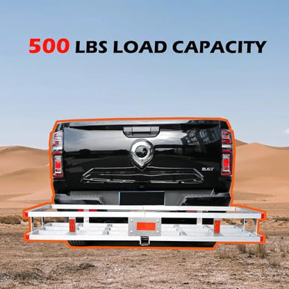Aluminum Hitch Cargo Carrier 500 lbs Capacity - Folding Luggage Rack for SUV, Car, Truck - Fits 2" Receiver with Powder Coated Angled Shank - 60 x 20 x7 Rustproof Hitch Mount Cargo Basket - color: Aluminum 60x20x7 inch