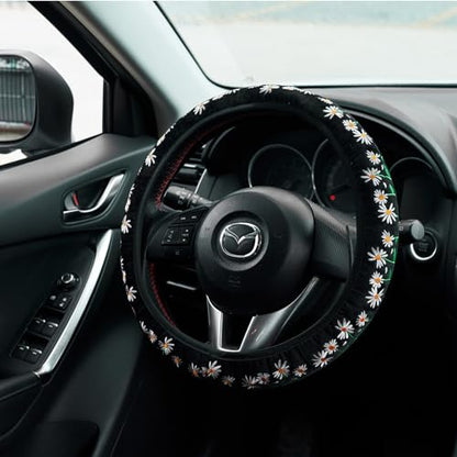 Embroidered Cute Daisy Black Steering Wheel Cover,Flower Steering Wheel Cover Protector for Women,Universal Fit Most Cars -15 inch - color: Black
