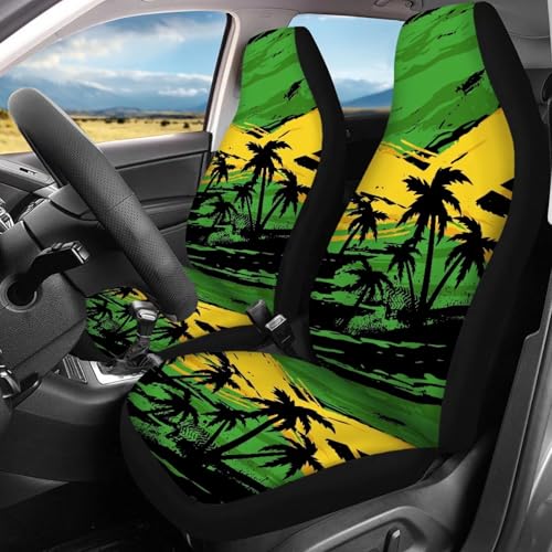 Howilath Jamaican Flag Car Seat Cover Full Set 4-Piece Coconut Tree Front & Rear Split Auto Seat Cushion Auto Accessories Universal Fit All Seasons - color: Jamaican Flag Coconut Tree