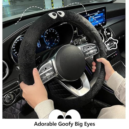 Car Headrest Pillow & Steering Wheel Cover Set with Cute Big-Eyed Furball Travel Neck Support Pillow Fur Car Interior Accessory (Black 5Pcs Set) - color: Black 5pcs Set