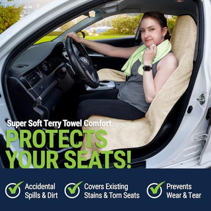 Season Guard Towel Seat Cover, Waterproof Car Seat Protectors for Gym, Workout & Active Lifestyle, Universal Fit for Car SUV Truck Van, Non-Slip 3 Strap Design, Machine Washable, 2 Pack Tan