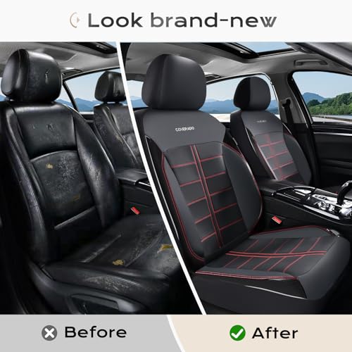 Coverado Front Seat Leather Covers, Full Leather Construction with Carbon Fibre Weave, Universal Fit for Most Cars SUV Trucks (Redline) - color: RedLine, size: Front