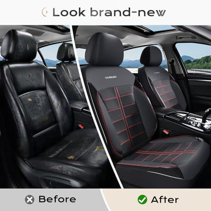 Coverado Front Seat Leather Covers, Full Leather Construction with Carbon Fibre Weave, Universal Fit for Most Cars SUV Trucks (Redline) - color: RedLine, size: Front