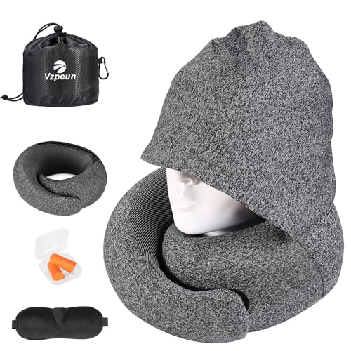Travel Pillow - Hooded Neck Pillow Airplane Memory Foam Filling for Plane, Office, Cars Sleeping, Road Trip, Long Flights, Airplane Travel Essentials, Includes Eye Mask & Earplugs (Dark Gray) - color: Dark Gray