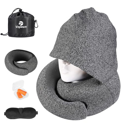 Travel Pillow - Hooded Neck Pillow Airplane Memory Foam Filling for Plane, Office, Cars Sleeping, Road Trip, Long Flights, Airplane Travel Essentials, Includes Eye Mask & Earplugs (Dark Gray) - color: Dark Gray