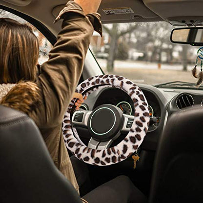 Fuzzy Steering Wheel Cover for Women Girls, Accmor Universal Fit 15 inch Fur Car Wheel Cover & Handbrake Cover & Gear Shift Cover Set, Fashion Leopard Winter Warm Fluffy Vehicle Wheel Protector - color: Beige/Dark Brown Leopard