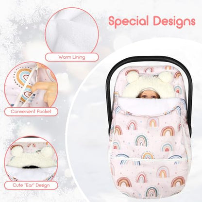 Winter Car Seat Cover Baby Girl Boy, Warm & Windproof Infant Carseat Cover Canopy Protect Baby from Cold Weather, Plush Fleece, Pink Rainbow - color: Pink Rainbow