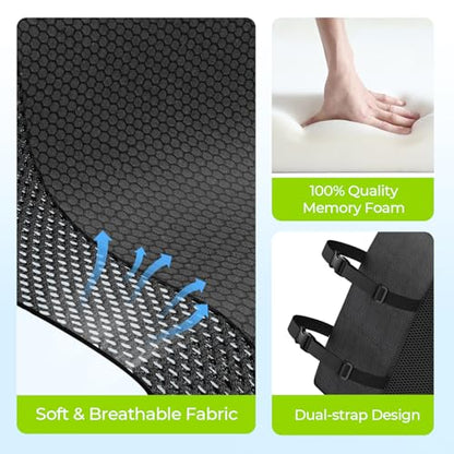 AUVON Lumbar Support Pillow for Office Chair with Patented Bulge for Lower Back Support, Ergonomic Office Home Essentials Improve Posture, Memory Foam Chair Cushion with Straps for Home, Office, Car