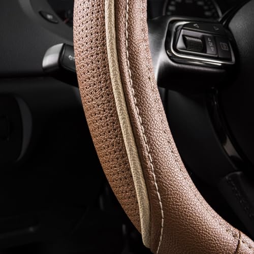 CAR PASS Brown Delux Leather Steering Wheel Cover, Universal Fit for Suvs,Sedans,Vans,Small Trucks for 14.5" to 15"(Brown & Beige Piping) - color: Brown
