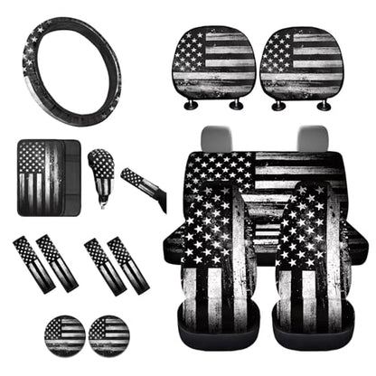 16 Piece Car Interior Cover Set, American Flag Printed Car Front Rear Seat Covers with Steering Wheel Protector Center Console Covers Seatbelt Pads Head Rest Cover Cars Coaster, Universal Fit - color: Black and White - American Flag