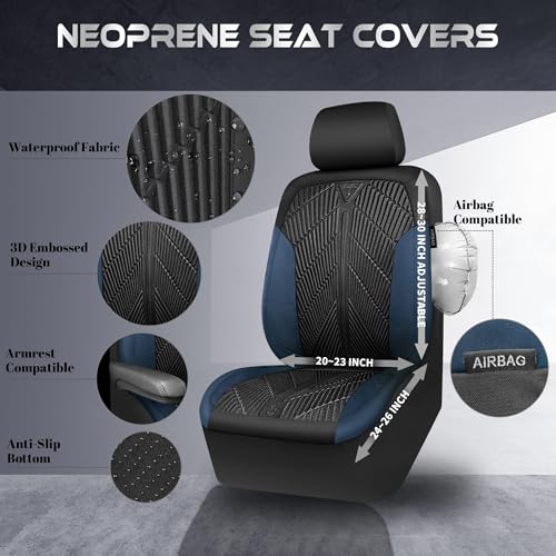CAR PASS Waterproof Black Blue Car Seat Covers Front Seat Covers Neoprene Wetsuit,All-Weather Non-Slip Durable,Universal Fit for SUV Trucks Automotive,Armrest Airbag Compatible,Emboss Black Blue - color: Black and Blue, size: Two Front