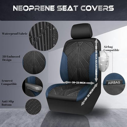 CAR PASS Waterproof Black Blue Car Seat Covers Front Seat Covers Neoprene Wetsuit,All-Weather Non-Slip Durable,Universal Fit for SUV Trucks Automotive,Armrest Airbag Compatible,Emboss Black Blue - color: Black and Blue, size: Two Front
