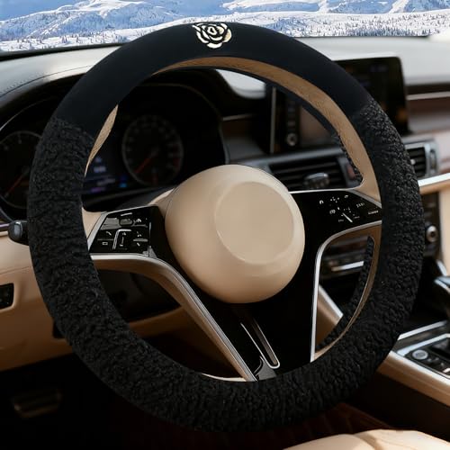 Black Camellia Lambswool Steering Wheel Cover, for Universal Auto Steering Wheel 14.5-15 in, Lambswool Fabric, Anti-Slip, Soft Plush, Comforting and Luxurious, Embroidery Patterns, Soft Texture - color: Black
