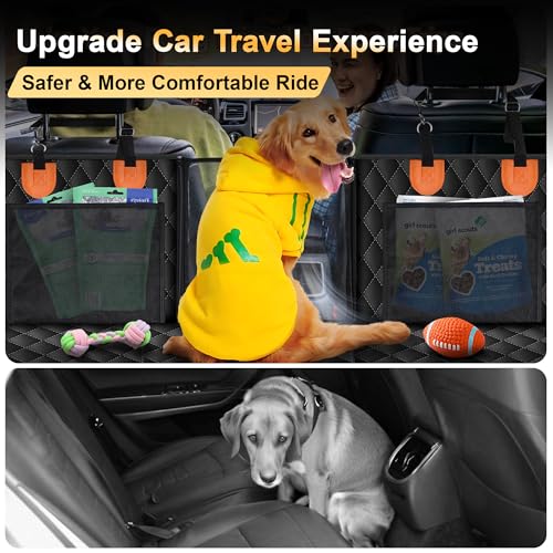 Back Seat Extender for Dogs, Holds 450 lbs, Hard Bottom Waterproof Dog Car Seat Cover with Door Protectors, 600D Heavy Duty Scratch Proof & Nonslip Dog Hammock with Mesh Window for Car, SUVs