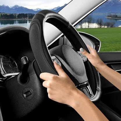 Black Film Splicing Leather Steering Wheel Cover, Microfiber Leather, Anti-Slip, Breathable, Universal Fit for 14.5–15 in Steering Wheel Cover for Men Women - color: Film-Grained - Black