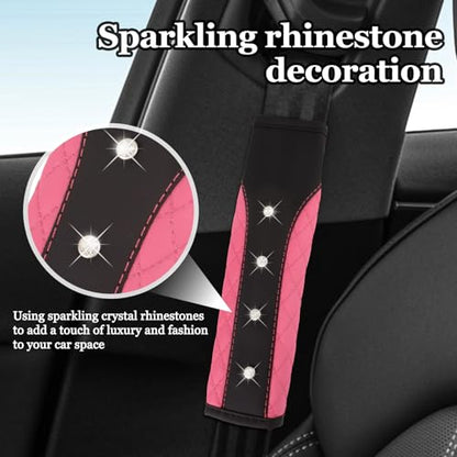 Hovom 2PCS Bling Car Seat Belt Cover Pad, Leather Seatbelt Covers for Cars, Soft Safety Seatbelt Shoulder Strap Covers, Rhinestone Auto Seat Belt Protector Cushion for Women Girls (Pink) - color: Pink