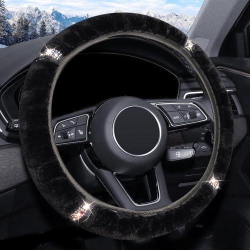 ZHOL Plush Steering Wheel Cover with Bling Bling Crystal Rhinestone, Universal 15 Inch Softy Fluffy Steering Wheel Cover for Women Girls, Anti-Slip, Winter Warm, Black - color: Diamond-set Black