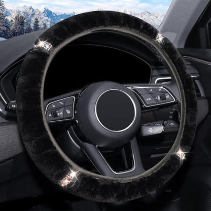 ZHOL Plush Steering Wheel Cover with Bling Bling Crystal Rhinestone, Universal 15 Inch Softy Fluffy Steering Wheel Cover for Women Girls, Anti-Slip, Winter Warm, Black - color: Diamond-set Black