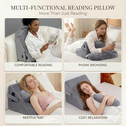 19 INCH Reading Pillow for Adults, Back Pillow for Bed Sitting Up, Backrest Pillow for Sitting in Bed, Detachable Arms with Built-in Cup & Phone Caddy (Gray, 19 INCH)