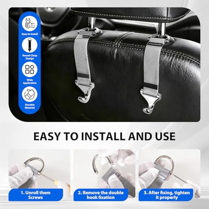 Car Seat Headrest Hooks and Purse Hook for Car 2 Pack Silver – Alloy Braided Chain Storage Hook for Purse, Handbag, Grocery Bags – Interior Organizing Car Accessories