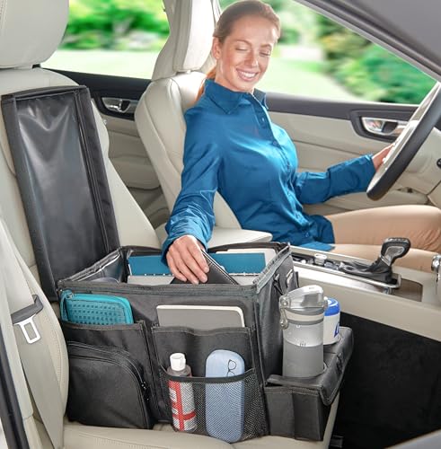 High Road CarHop Front Seat Car Organizer with Car Cup Holder, Passenger Seat Tray and Padded Filing or Cooler Compartment with Side Pocket Storage - color: Black