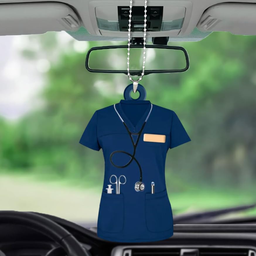 Personalized Nurse Scrubs Car Ornament, Acrylic Hanging Decoration with Custom Name, Healthcare Worker Appreciation Gift, Blue, Car Mirror Decor