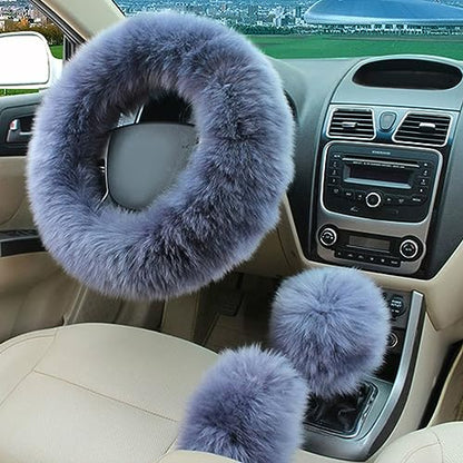 Ziciner 3PCS Wool Steering Wheel Cover with Fuzzy Handbrake Cover & Gear Shift Cover, Universal 15 Inch Steering Wheel Fluffy Soft Protector, Comforting Warm Car Decoration for Women Men (Gray) - style: Gray