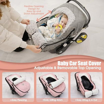 ACRABROS Car Seat Cover Baby: Winter Infant Carseat Canopy for Boy Girl Newborn, Zipper Peeping Window, Warm Cozy Cold Weather Waterproof Fitted, Pink - color: Pink