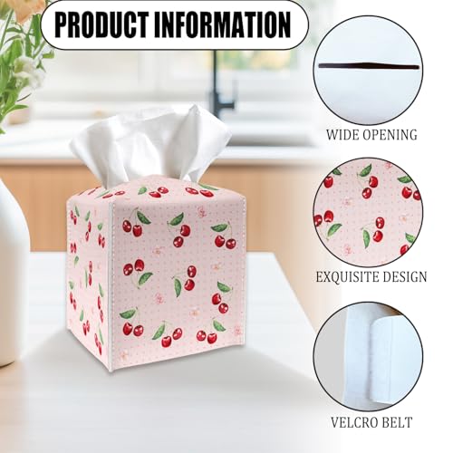 Tissue Box Cover Holder - Pink Polka Dot PU Leather Tissue Box Cover with Bottom Belt, Cherries and Blossom Square Facial Paper Dispenser for Tabletop, Bathroom, Kitchen, Car & Office -037 - color: Pink Polka Dot