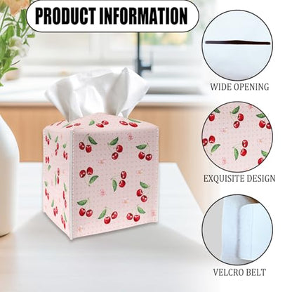 Tissue Box Cover Holder - Pink Polka Dot PU Leather Tissue Box Cover with Bottom Belt, Cherries and Blossom Square Facial Paper Dispenser for Tabletop, Bathroom, Kitchen, Car & Office -037 - color: Pink Polka Dot