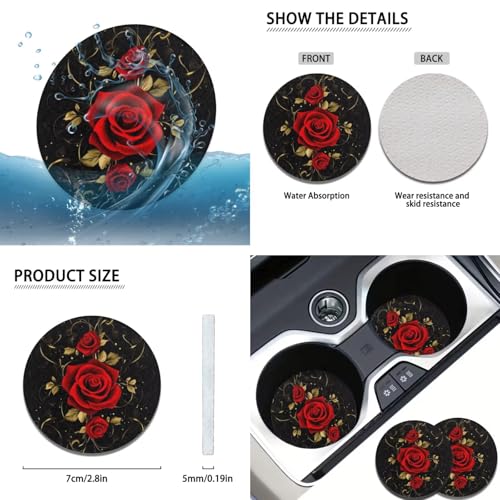 Red Rose 6pcs Car Steering Wheel Cover Set Flower Print Cup Coaster Handbrake Gear Cover Car Interior Accessories Fit Vans Trucks,SUV - color: Red Rose