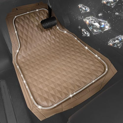 CAR PASS Bling Diamond Rubber Car Mats, Heavy Duty Deep Dish All-Weather Floor Mat Full Set Anti-Slip 3D Rhombus Waterproof Trim Fit Liner Universal Glitter Sparkly Shining Rhinestone, Beige Rubber - color: Beige Diamond