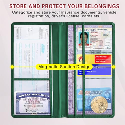 Car Registration and Insurance Holder, Registration and Insurance Card Holder, Auto Glove Box Organizer with Magnetic Shut, PU Leather Automobile Documents Wallet for Cards (Dark Green) - color: Dark Green
