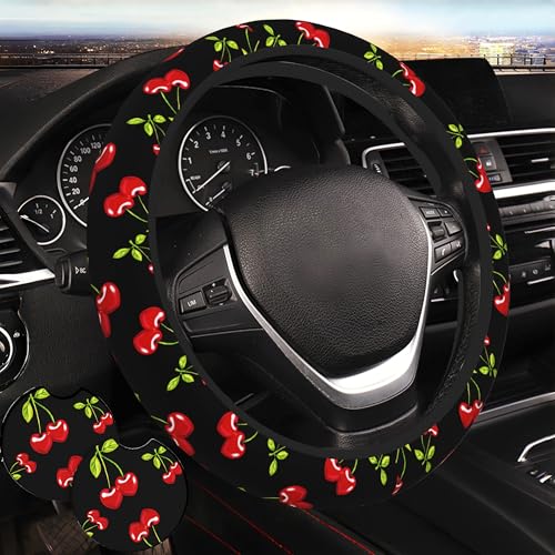 Cherry Hearts Red Steering Wheel Cover Cherry Hearts Red Steering Wheel Cover Car Women Breathable Universal for 14-15 Inch Anti-Slip 2 Pieces Car Coasters for Men Women - color: 1-Cherry Hearts