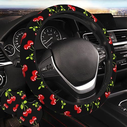 Cherry Hearts Red Steering Wheel Cover Cherry Hearts Red Steering Wheel Cover Car Women Breathable Universal for 14-15 Inch Anti-Slip 2 Pieces Car Coasters for Men Women - color: 1-Cherry Hearts