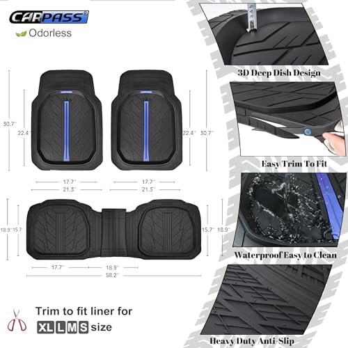 CAR PASS Tire Tread DeepDish Rubber Floor Mats for car Heavy Duty car mats All Weather, Universal XL~M Trim to Fit for Truck SUV Vehicle Automotive, Waterproof car mats 3 Piece(Blue Black) - color: Blue Black