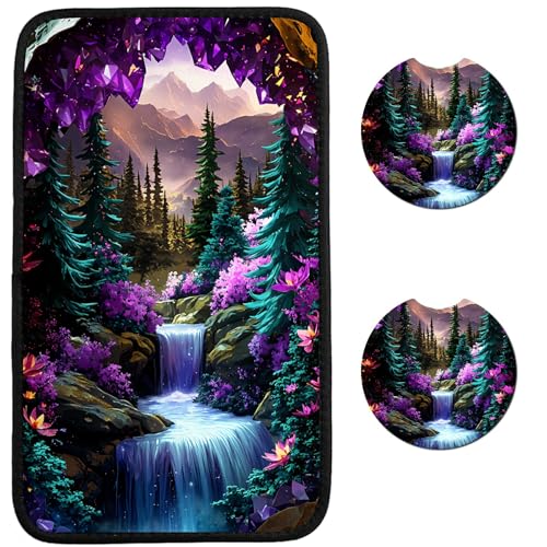 Universal Auto Center Console Pad and 2Pcs Car Coasters Set, Anti Slip Soft Neoprene Car Armrest Seat Box Cover Protector for Most Vehicle - Car Interior Accessories, Purple Mountains - color: Purple Mountains
