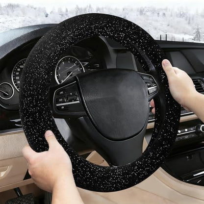 Black Bling Starry Sky Furry Steering Wheel Cover, Universal 14.5-15 Inch Winter Plush Warm Steering Wheel Cover, Soft Fluffy, Anti-Slip Design, Soft Texture - color: Black Starry Sky Plush