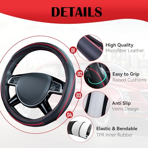 Car Pass Colour Piping Leather Steering Wheel Cover,Perfectly fit for 14.5-15 inches for Various Vehicles SUVs,Vans,Sedans,Cars (Black & Red) - color: Black and Red