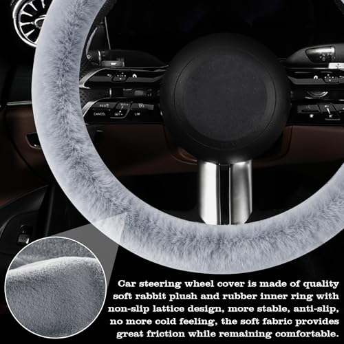 Furry Warm Steering Wheel Cover, Universal 14.5-15 Inch Winter Plush Warm Steering Wheel Cover, Soft Fluffy, Anti-Slip Design, Soft Texture (Gray) - color: Gray Plush