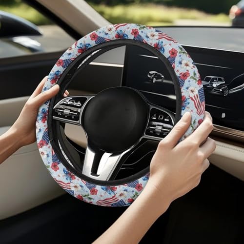 AFPANQZ 4th of July Steering Wheel Cover for Cars Universal Fit 14 to 15 inch, American Flag Tropical Flower Pattern Car SUV Sedans Accessories Steering Wheel Protection Sweat Absorption - color: American Flag Tropical Flower Pattern
