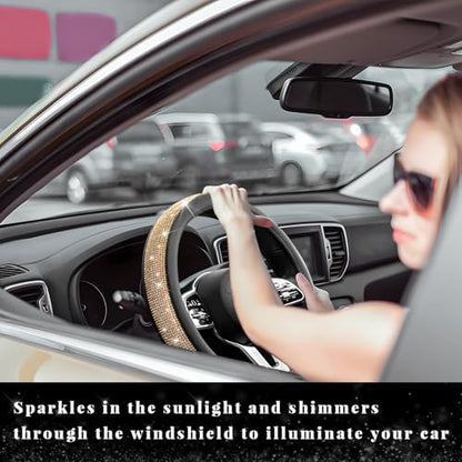 Diamond Leather Steering Wheel Cover, 15 Inch Bling Crystal Rhinestone Anti-Slip Wheel Protector, Universal Sparkling Elegant Diamond Steering Wheels Cover for Women Girl (Golden) - color: Golden