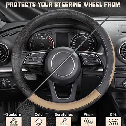 SEG Direct Car Steering Wheel Cover for Prius Civic Model 3 Model Y Camaro, Small Size 14-14.25 inch, Black and Beige Microfiber Leather - color: Black and Beige, size: Small size[14''-14 1/4'']